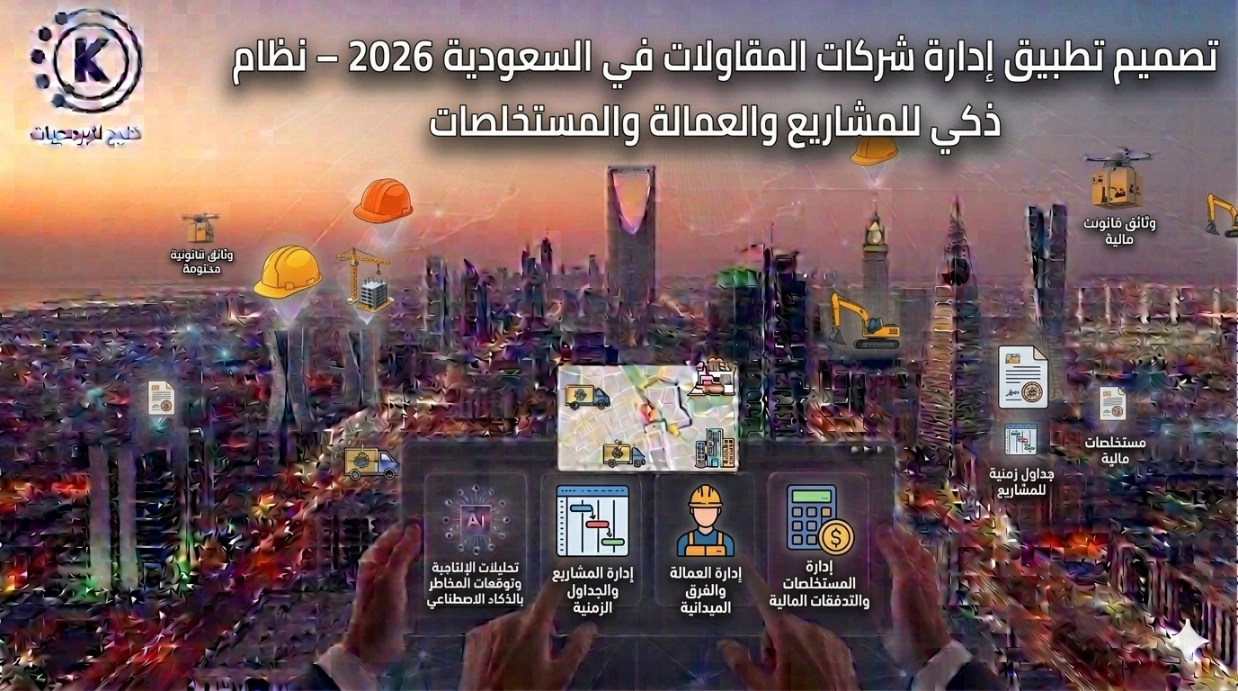 تصميم تطبيق إدارة شركات المقاولات في السعودية 2026 – نظام ذكي للمشاريع والعمالة والمستخلصات