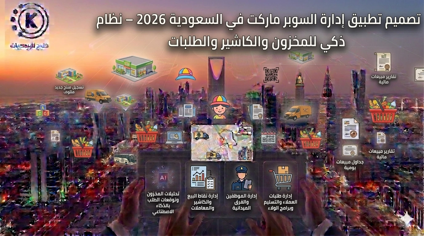 تصميم تطبيق إدارة السوبر ماركت في السعودية 2026 – نظام ذكي للمخزون والكاشير والطلبات